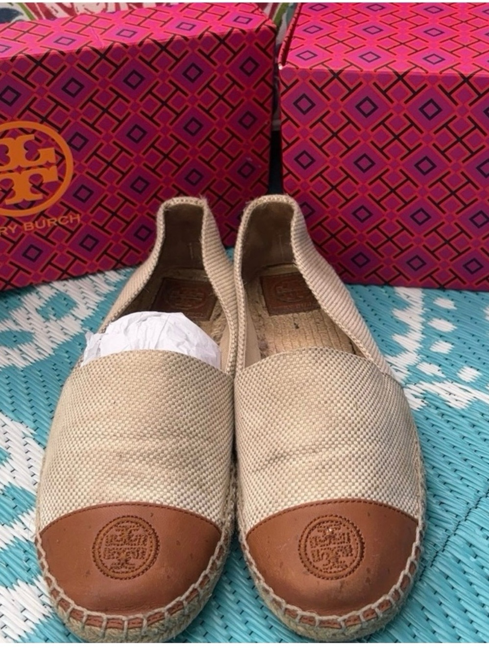 Tory Burch Natural Beige Canvas Espadrille with Brown Leather Toe